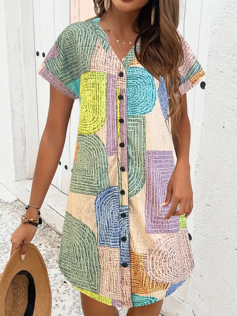 Europeu e americano transfronteiriço verão novo padrão geométrico impressão moda solta com decote em v botão vestido de manga curta