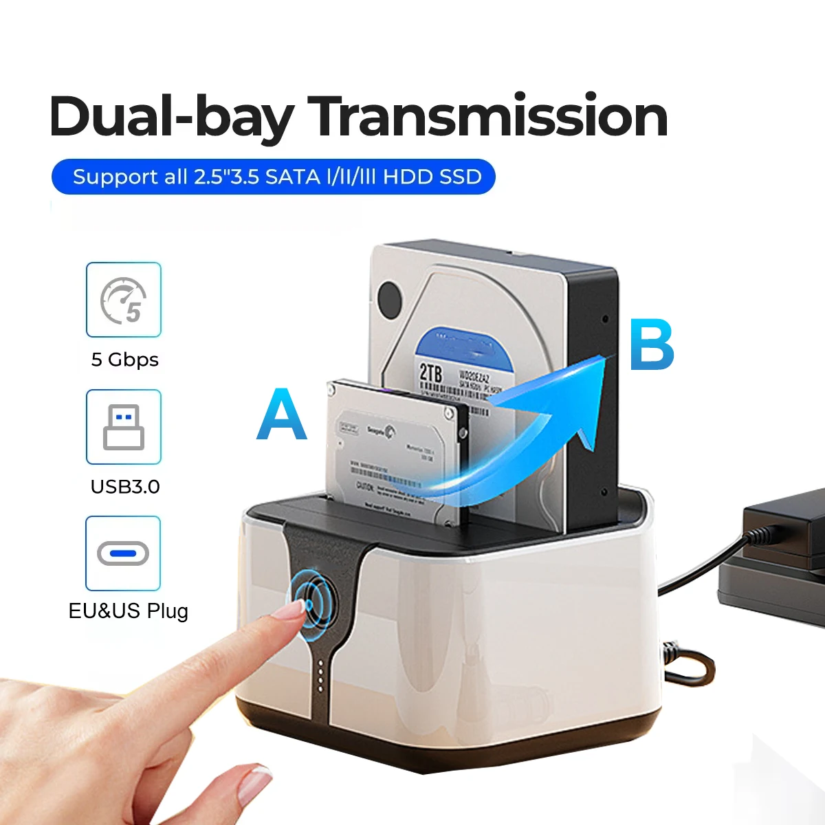 

Dual Bay HDD Docking Station SATA to USB 3.0 HDD Clone Box Case for 2.5/3.5'' SSD HDD Case Hard Drive Adapter for Laptop