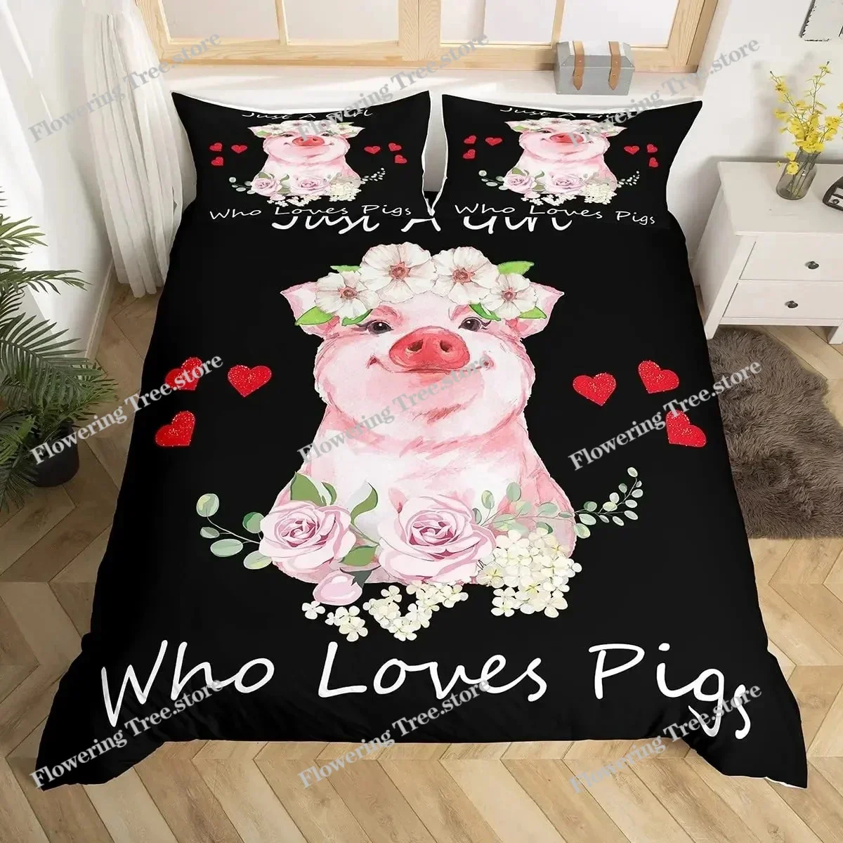 Pink Pig Duvet Cover King Queen Size Cartoon Farm Animal Bedding Set for Kids Yellow Sunflowers Polyester Comforter Cover