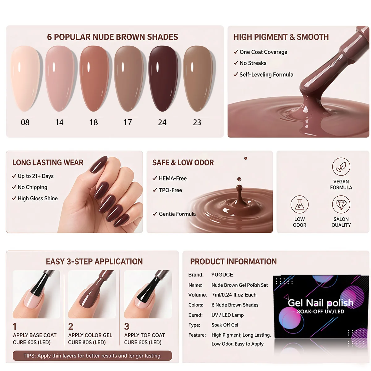 6-Farben-Nude-Braun-Gel-Nagellack-Set, Erdtöne, abnehmbares UV-LED-Gel, langanhaltender Glanz, Herbst-Nagelkunst-Werkzeugset, geeignet für DIY-Nagelkunst – Detail 3