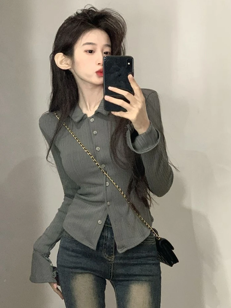 T-shirt sexy con colletto polo donna primavera autunno dimagrante manica svasata top donna moda coreana tinta unita streetwear camicetta Y2k