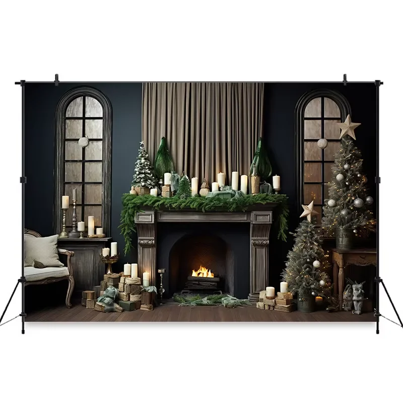 คริสต์มาสฉากหลังสําหรับถ่ายภาพ Props ในร่ม Xmas Tree หน้าต่างสีเทาเด็กภาพพื้นหลังวอลล์เปเปอร์ตกแต่ง Photozone