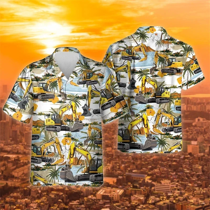 Camisa con estampado 3D de excavadora para hombre, ropa informal Hawaiana para playa, blusas de construcción, Top Y2k de manga corta para trabajo