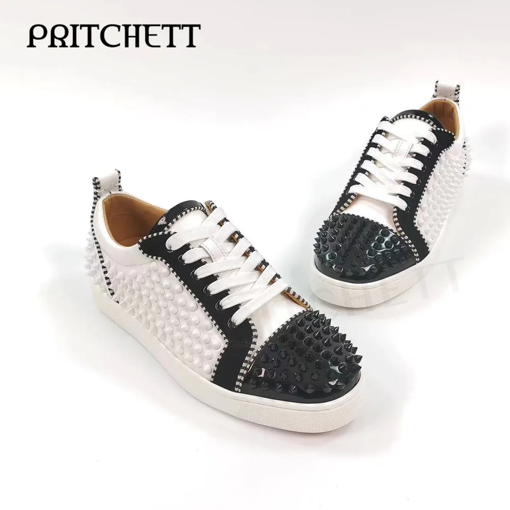 

Black and White Color Matching Rivet Casual Shoes Round Toe Lace-Up Thick-Soled Sports Shoes Large Size Comfortable Men's Shoes