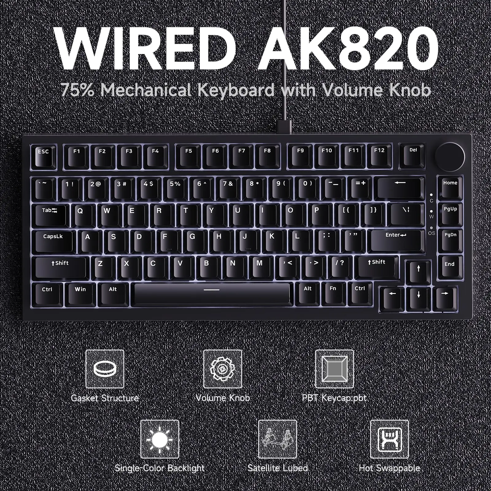 AK820 Red-Switch Mechanical Gaming Keyboard, 75% Layout, Hot-Swappable Switches, Featuring a USB-C Port, White Backlighting, Fiv