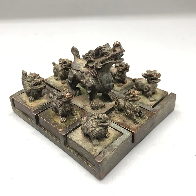 Retro Bronze Dragon Seal Nine Dragons Mother and Child Seal Set Antique Collection Zodiac Dragon Craft Ornament Home Decor