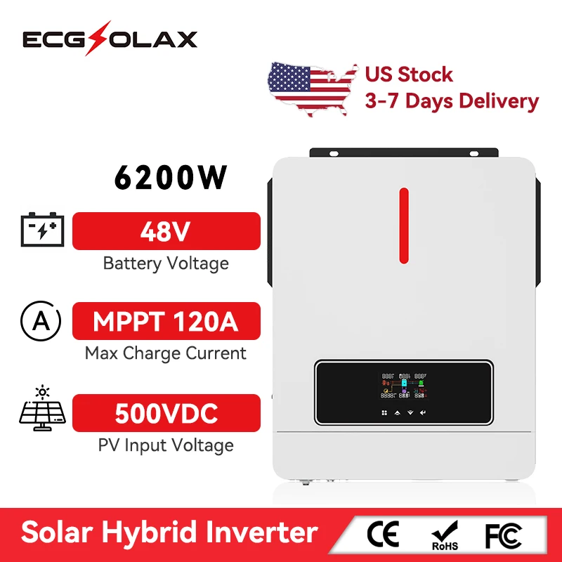 ECGSOLAX 4.2KW 6.2KW Hybrid Solar Inverter 24V 48V 220V With 120A MPPT Charge Controller Off-grid Solar Hybrid Inverter PV 500V