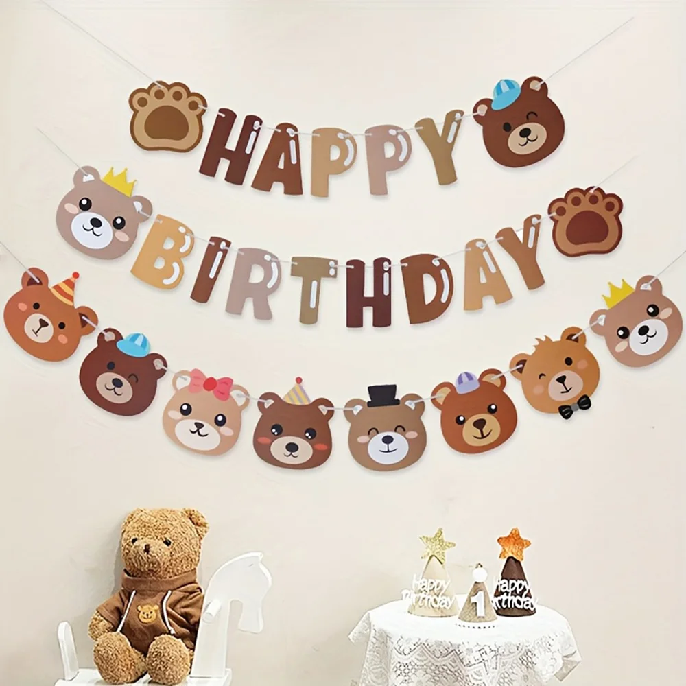 New Brown Cartoon Bear Birthday Letter Flag Baby Full Moon First Birthday Arrangement Birthday Party Banner Background Decorati
