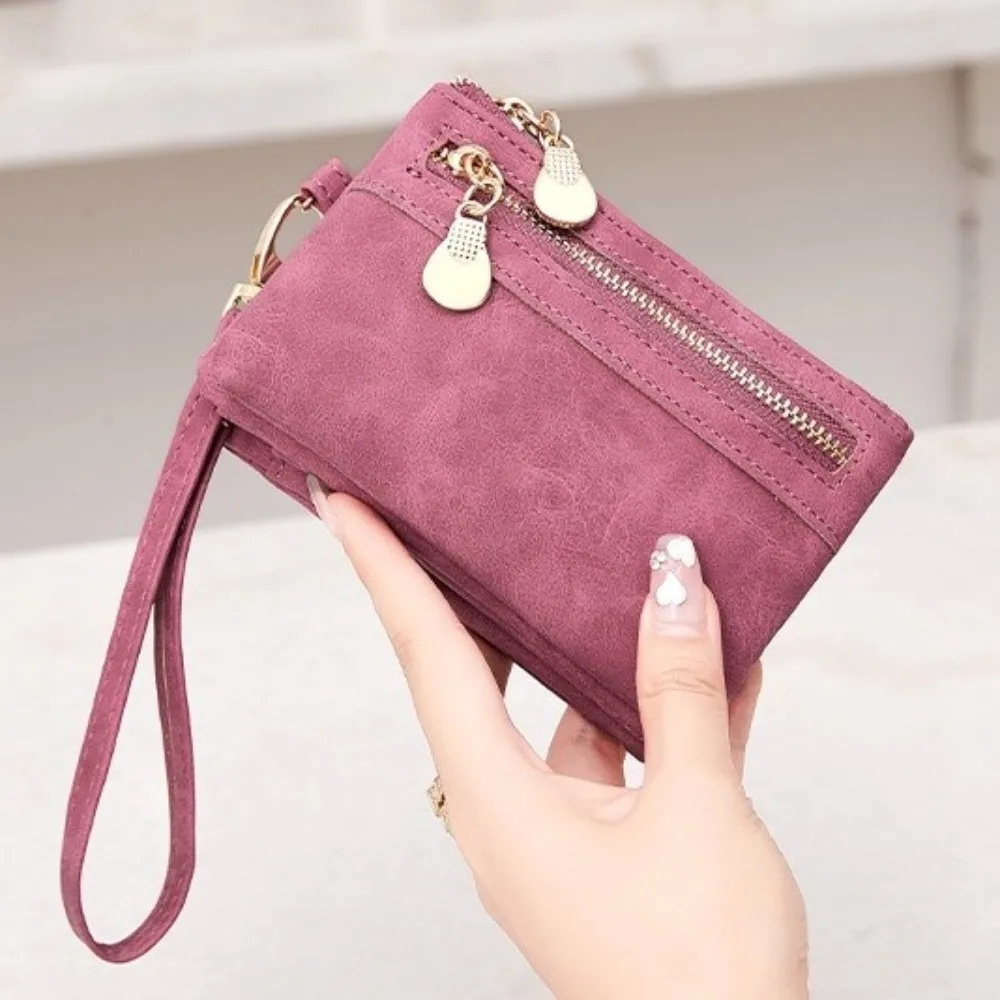 PU Leather Double Zipper Purse Frosted Finish ID Card Window Folding Wallet Multiple Card Slots Coin Pocket Wrist Bag