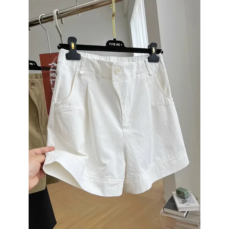 Women's White Casual Shorts Elastic Waist Rolled Hem Button Front Multi Pockets Loose Fit Summer
