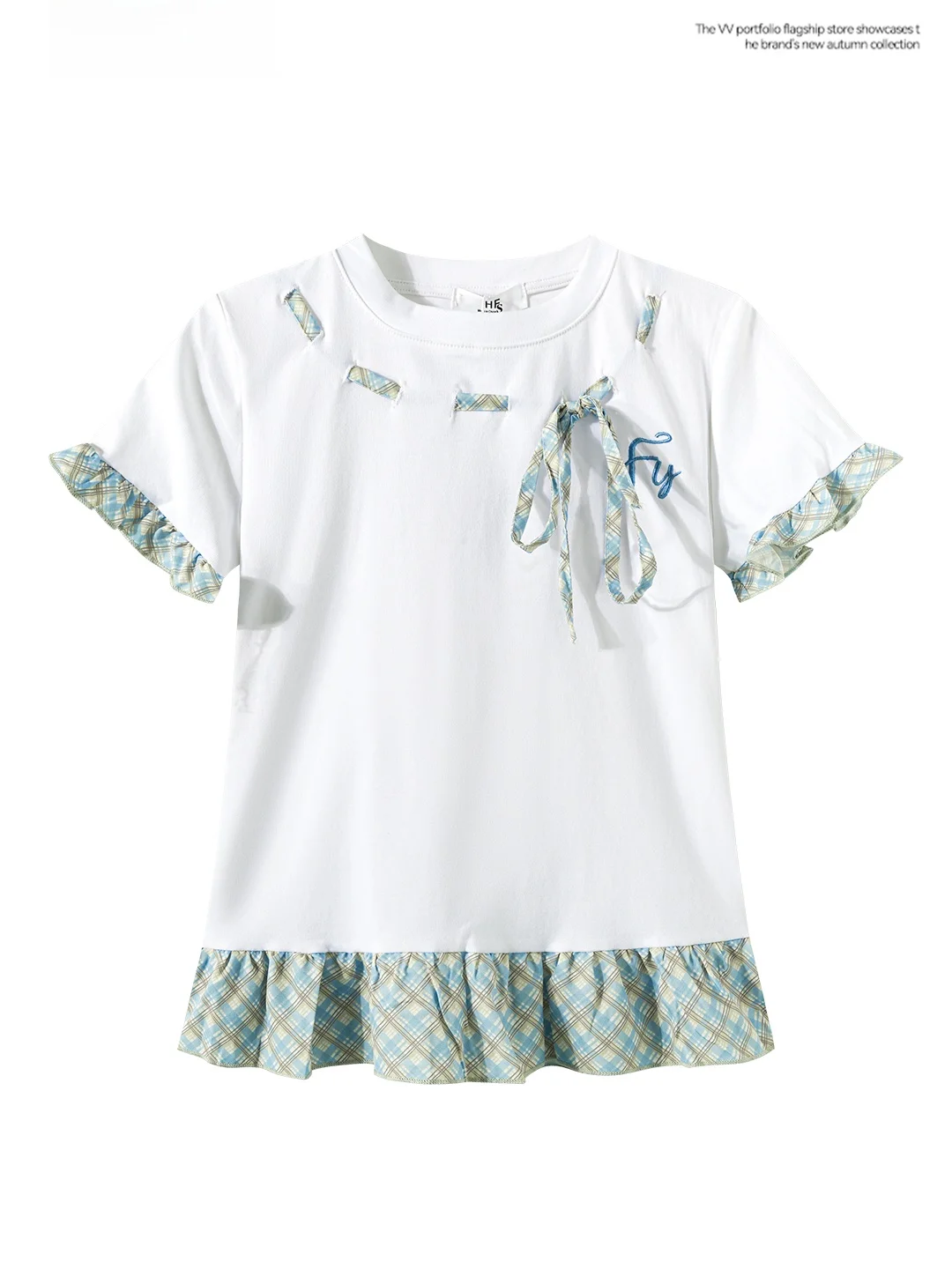 Chic Plaid Tie-Detail Letter Splicing Short Sleeve T-Shirt Women's Slim Fit Elegant Fake Two-Piece Ruffle Hem Top Summer