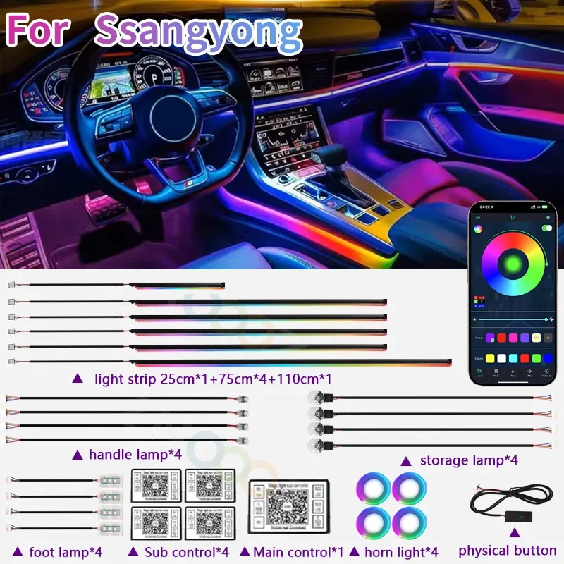 RGB 22in1 Car Interior Acrylic Car Ambient Lights For  Ssangyong Korando Kyron Musso Rexton Tivoli Actyon  Car Accessories