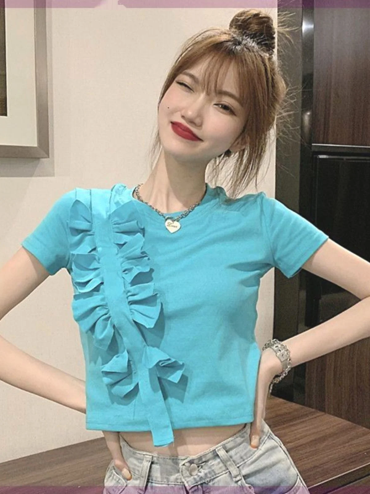 Sweet And Spicy Women's Short Sleeve Top Summer New Design Bore Hole Pure Color T-Shirt Slim Fit round Neck INS Trendy White