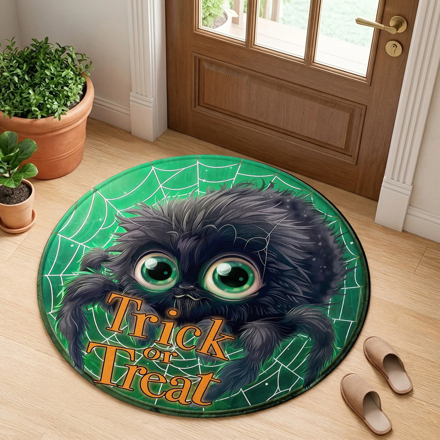 Trick Or Treat Cute Fluffy Spider Cobweb Halloween Green Background Pattern Holiday Luxury Round Mat Area Rug Home Decor