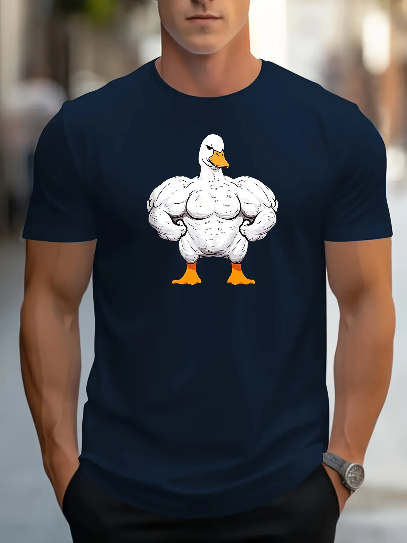 

Мужская футболка с рисунком Muscle Duck, удобная футболка с коротким рукавом и круглым вырезом для летних приключений, жирный мультяшный узор, уличный стиль