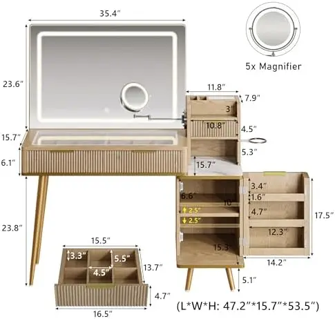 Makeup Vanity Desk with HD & 5X Mirror and Lights, 47 inch Make up Vanity w/Magnifying, Fluted Glass Top Dressing Table