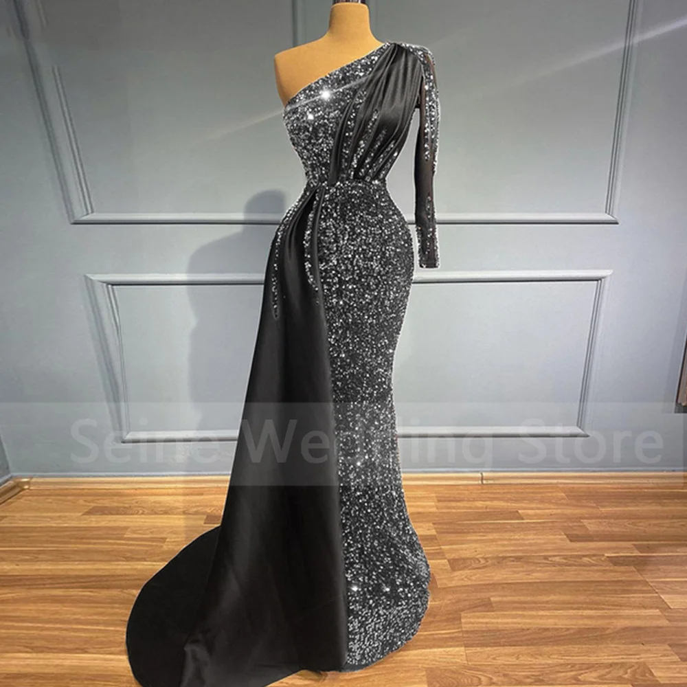 EOENKKY Glitter Evening Dresses 2022 Sequin One Shoulder Mermaid Evening Gowns Long Elegant Birthday Party Dress Robe De Soiree