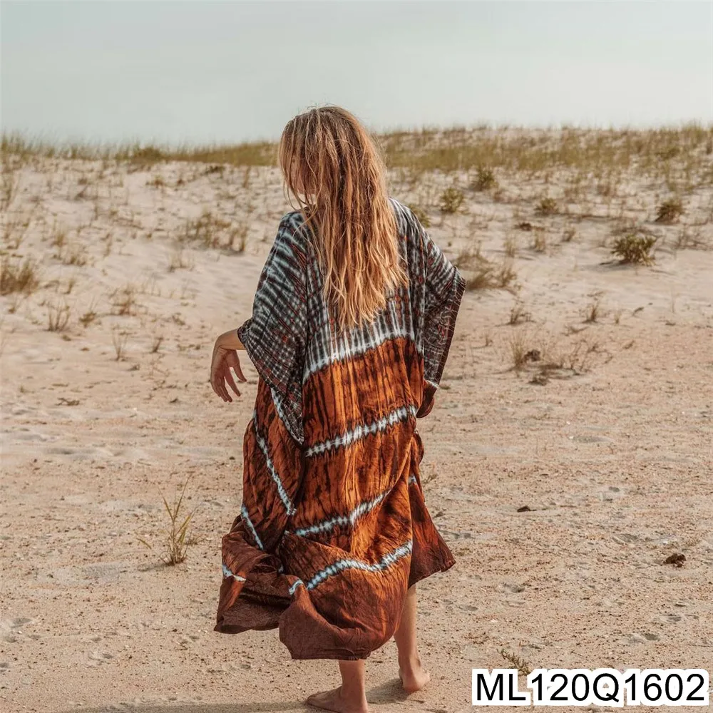 2025 ใหม่ผ้าฝ้ายเบาะ Tie-ย้อมพิมพ์ Beach Smock, วันหยุดหลวมชุดยาว, ชุดว่ายน้ํา, Smock Dress, ฤดูร้อน ML120Q16