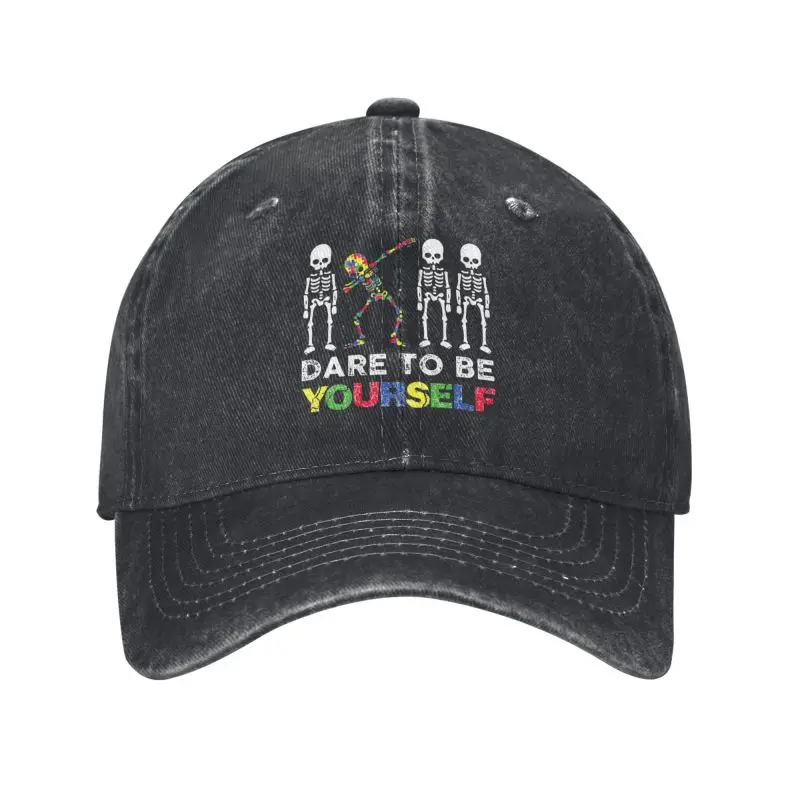 Custom Unisex Cotton Dare To Be Yourself Skeleton Dabbing Autism Awareness Baseball Cap Adult Adjustable Dad Hat Snapback Hats