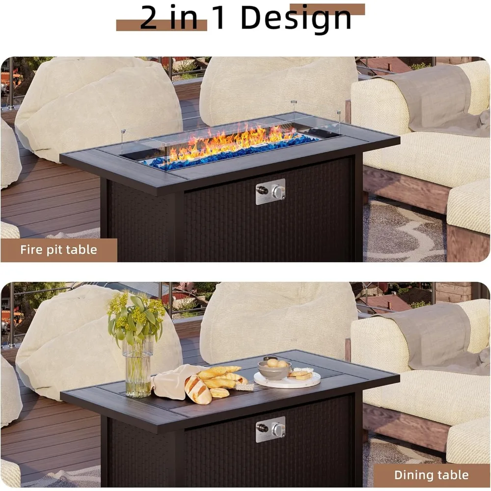 45 Inch Propane Fire Pit Table with Glass Window Protector, Outdoor Steel Gas Fire Pit with Lid, Glass Crystal Stone, Waterproof