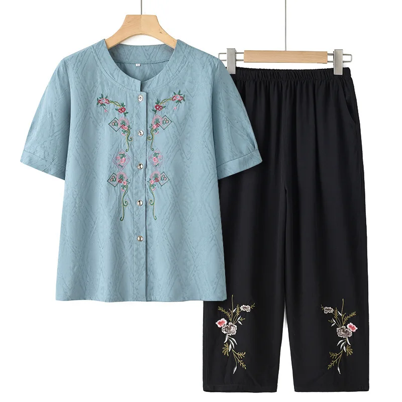 Grandma\'s Summer Short Sleeve Shirt Pant Sets Cardigan 2 Piece Sets Women Outfit Embroidery Print Cotton Linen Mother Suit