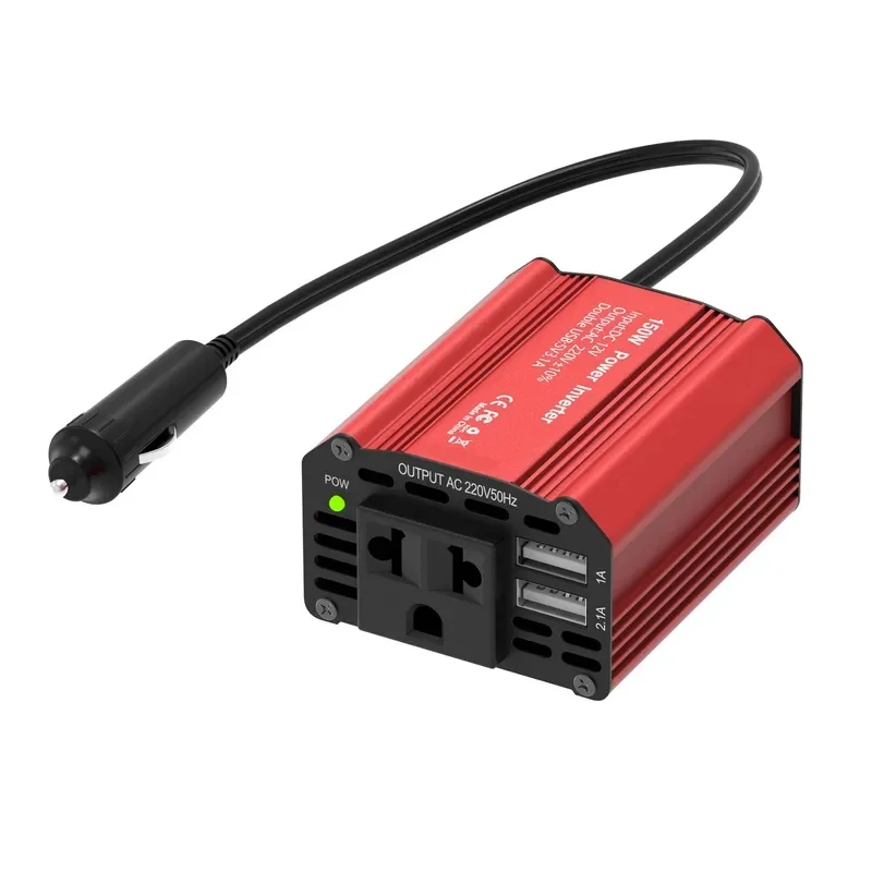 150W Rated  Car Power Inverter DC12V to AC220V, 1 AC Outlet 2 USB Ports Fast Charging Car Converter