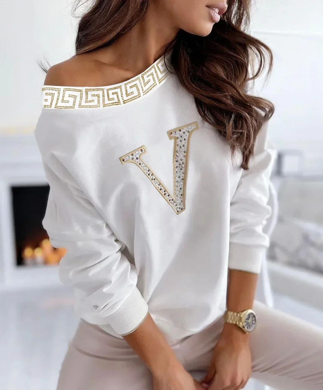 Casual Women Top Rhinestone Letter V Pattern Batwing Sleeves Loose Women Blouse Tops