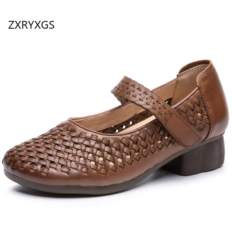 ZXRYXGS Top Cowhide Hollow Breathable Sandals New 2026 Summer Round Toe Elegant Fashion Sandals Women Mid Heel Banquet Sandals