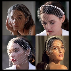 TOPQUEEN VA12 Wedding Birdcage Veil Bridal Blusher Veil White Headband Veil for Bridal Fascinators Black Face Net Mask Bachelore