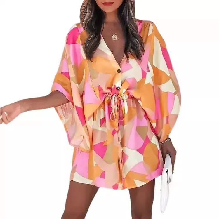 V Neck Batwing Sleeve Mini Length Dress Commuter Chic with Floral Pattern Short Skirt Short Sleeve Elegant Printed Women Dress