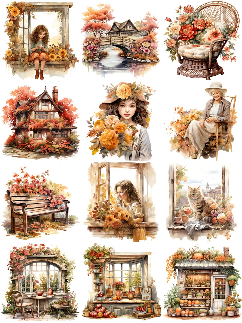 12Pcs/Pack Autumn Flowers Sticker DIY Craft Scrapbooking Album Junk Journal Decorative Stickers