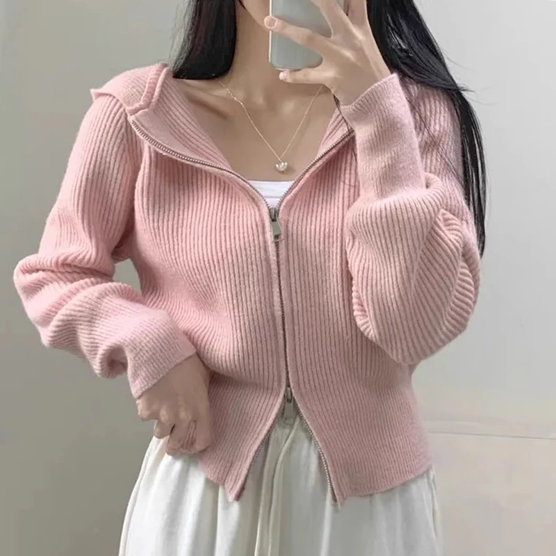 Chic Autumn Winter Knitted Sweater Jaet Women's Soft Gentle Collar Double Zipper Design Slimming Stripes Versatile Outerwear