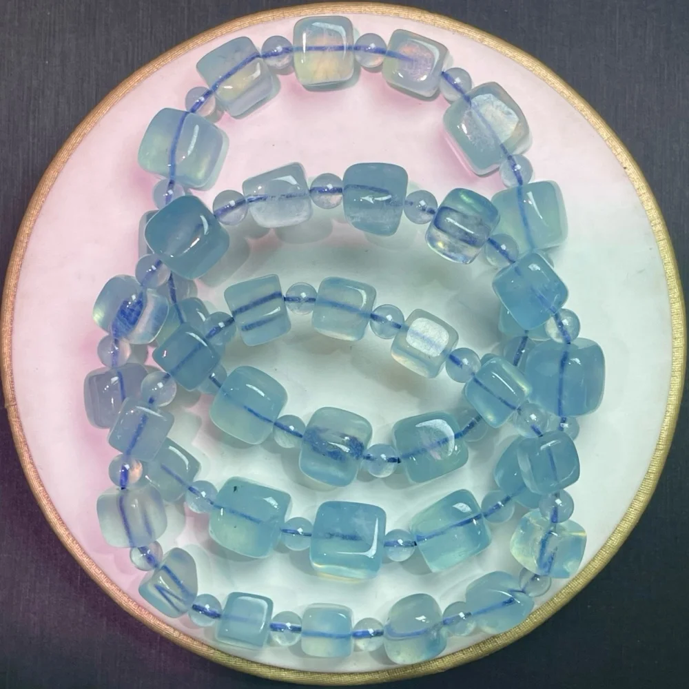 10mm Natural Blue Aquamarine Cube Bead Bracelet Women Reiki Healing Strand Bangles Jewelry For Female Gift 1PCS