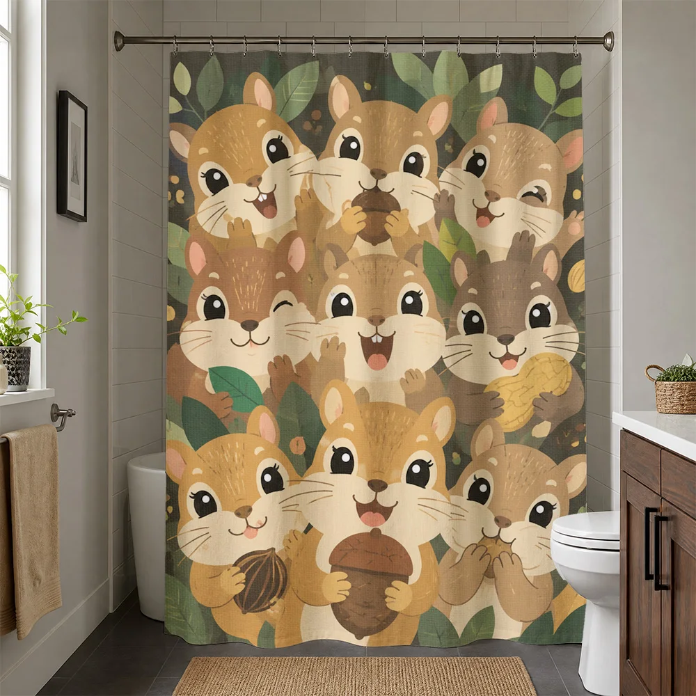 Cute Squirrel Family Shower Curtain Bathroom Decor Woodland Animal Print Fun Shower Curtain for Kids Bathrooms