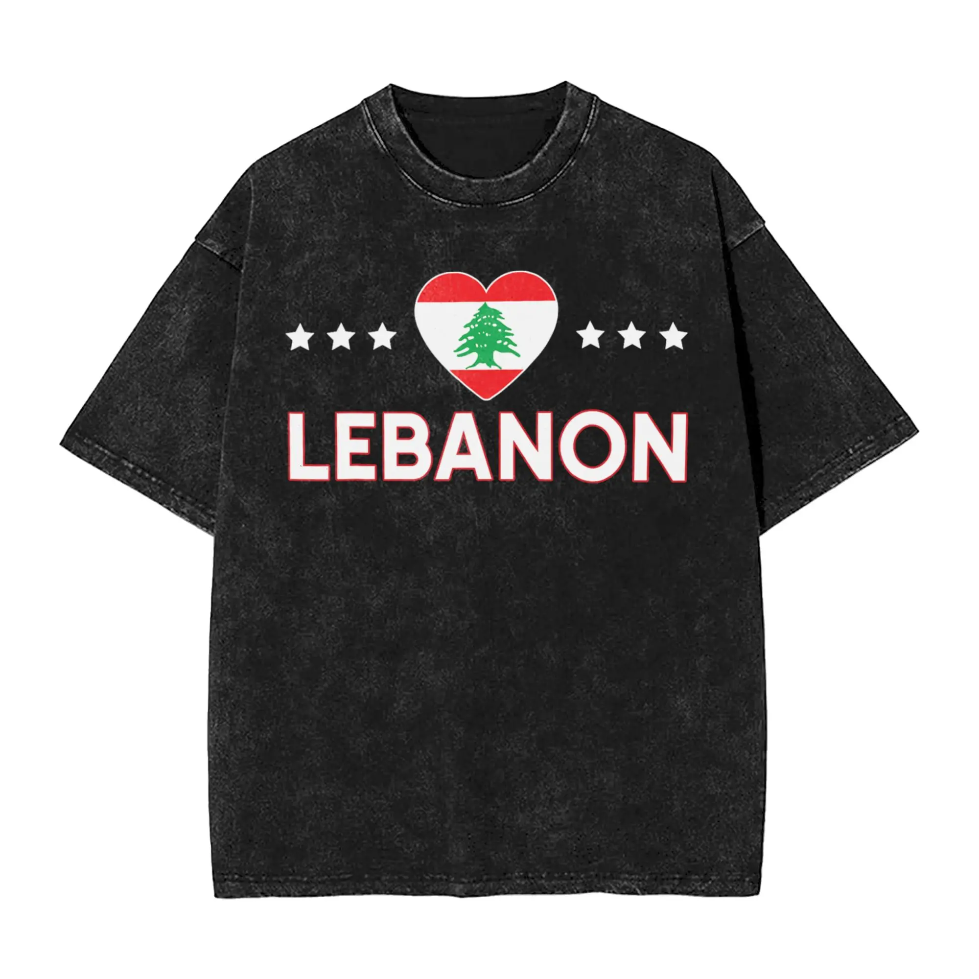 Lebanon Flag Heart Vintage Lebanon Country Washed T Shirt Mens  Y2K Retro Cotton T Shirts Summer O Neck Fashion Tees Big Size