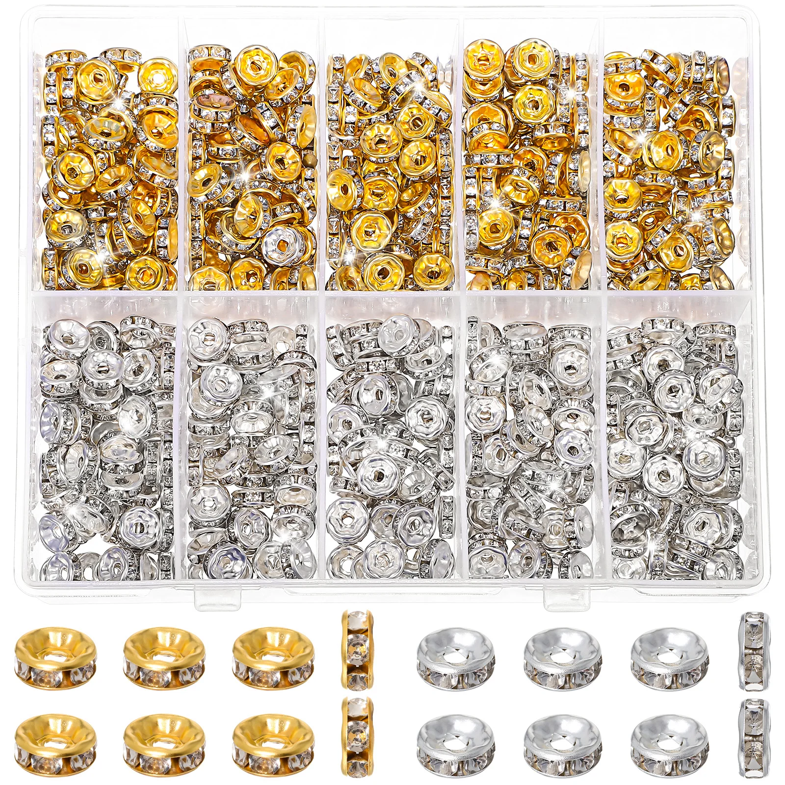 

600Pcs Spacer Beads Rhinestone Metal Jewelry Spacers Bracelet Charms for DIY Crafts Beads for Jewelry Making Bulk