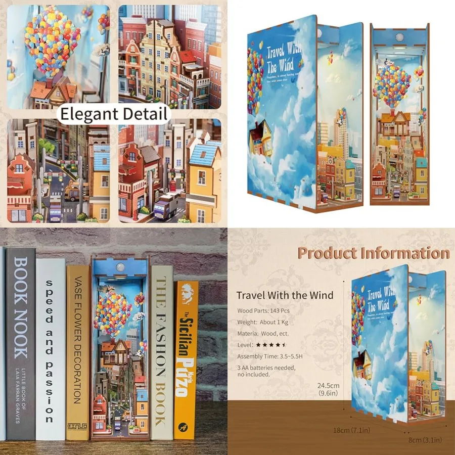 

DIY Book Nook Kit for Adults, 3D Wooden Puzzle Bookend Bookshelf Insert Library Decor, Booknook Miniature House Kit Body Motion