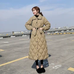 2021 Winter Long Overcoat Women Pattern Casual Sashes Parkas Female Pockets Puffer Jacket Cotton-padded Outwear