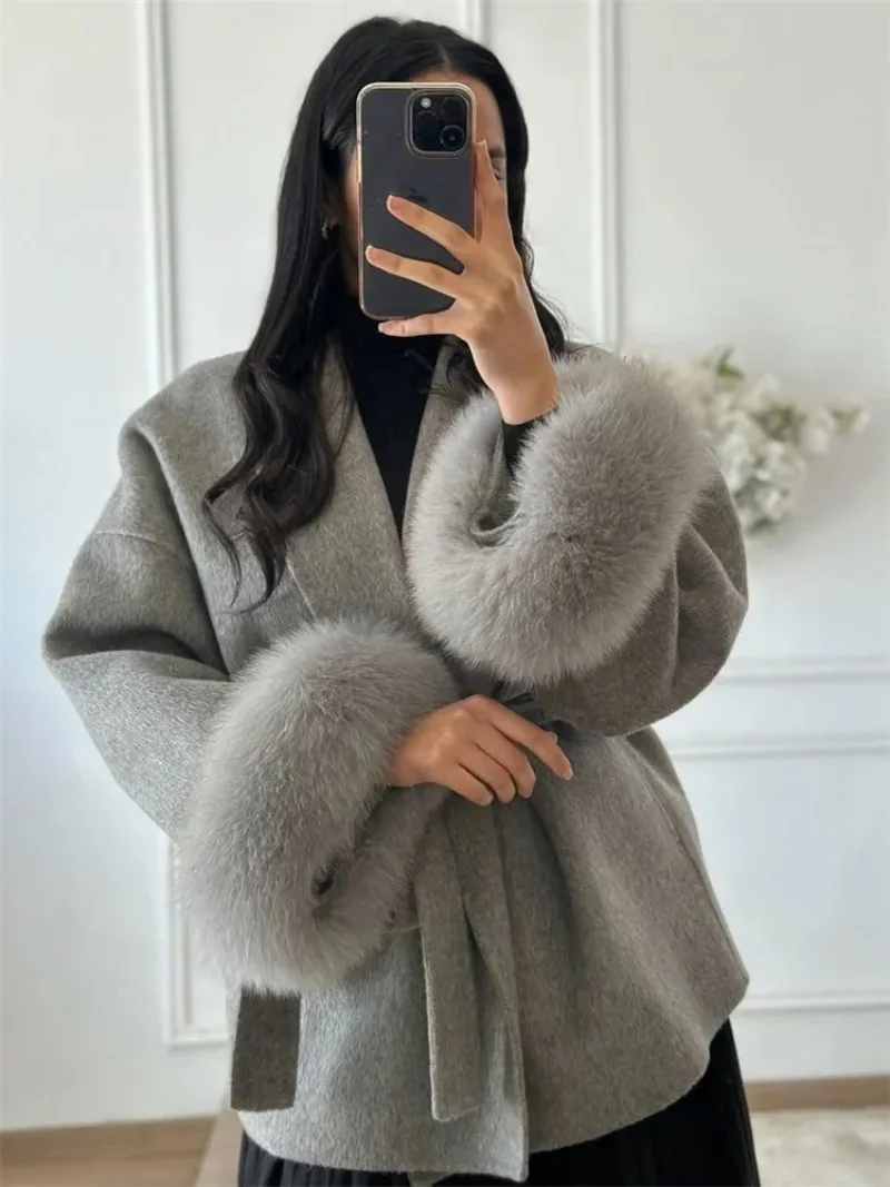 

Women Wool Overcoat Tossy Fox Fur Elegant Double-sided Short Coat Office Lady Loose Cardigan Jacket 2025 New Winter