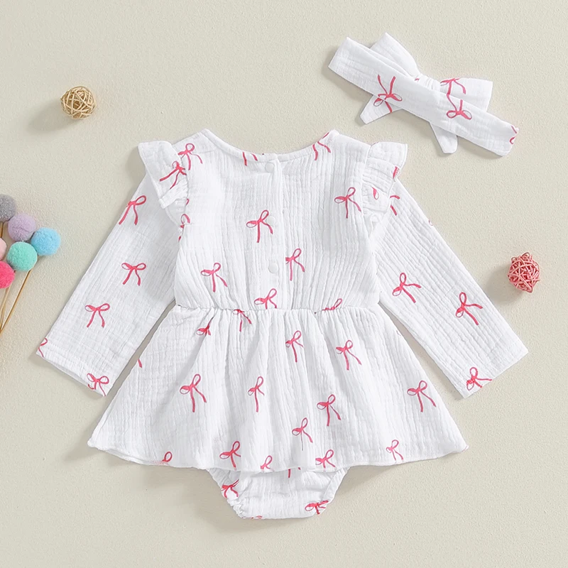 Baby Girls Autumn Outfits Long Sleeve Round Neck Bow Print Romper Dress with Headband Cute 2 Pieces Sets image 2
