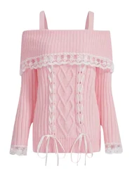 Women Cold Shoulder Sweater Long Sleeve Lace Splicing Cross Tie up Bow Knit Pullovers Off Shoulder Fall Winter y2k Jumper Tops