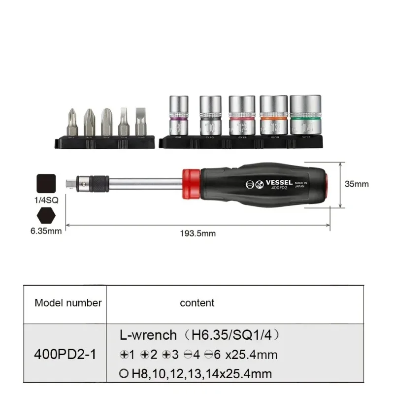 JIS VESSEL 400PD2/400PD2-1 Multifunction Socket Wrench Ratchet Screwdriver Set of 11, 1/4SQ Forward and Reverse Screwdrivers