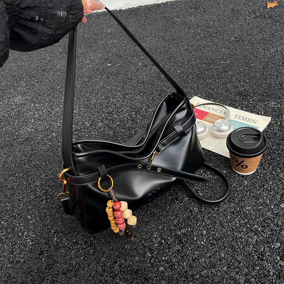 

Vintage Luxury Shoulder Bag Solid Color Hardware Letter Bead Charm PU Large Capacity Zipper Multifunction Water Resistant