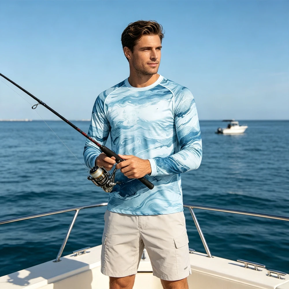 Men UPF50+ Sun Protection Long Sleeve Fishing Shirt Quick Dry Teal Wave Print Breathable Outdoor Sea Fishing Rash Guard