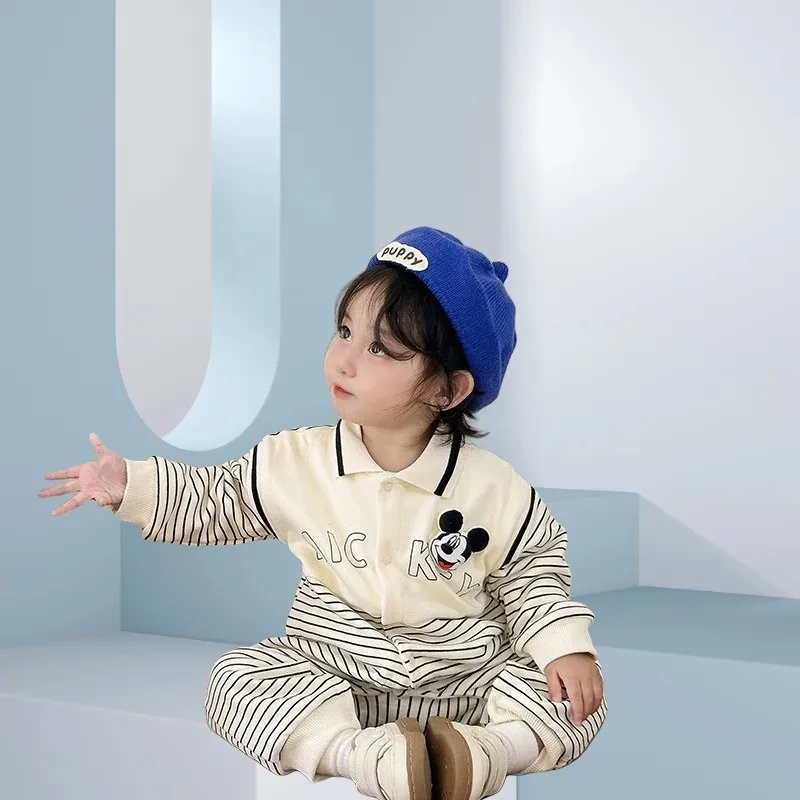 

Полосатый комбинезон с лацканами для маленьких мальчиков Disney Mickey, одежда для улицы, хлопковый комбинезон, мягкий комбинезон для младенцев, боди для детей 0-12 месяцев