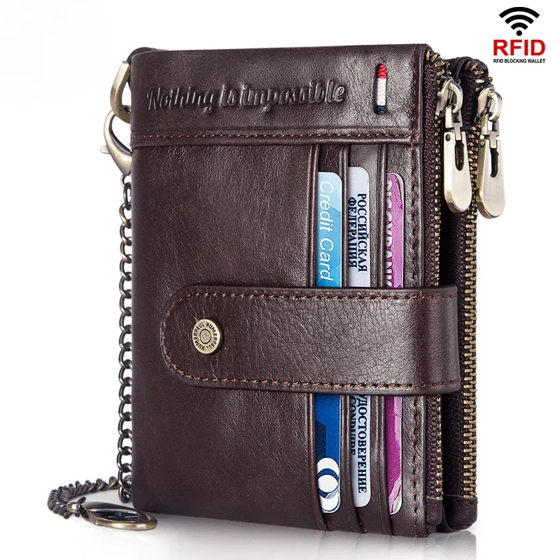 

RFID Blocking Men's Card Holder Wallet First Layer Leather Money Bag Durable Extra Capacity Billfold Biker Chain Coin Purse