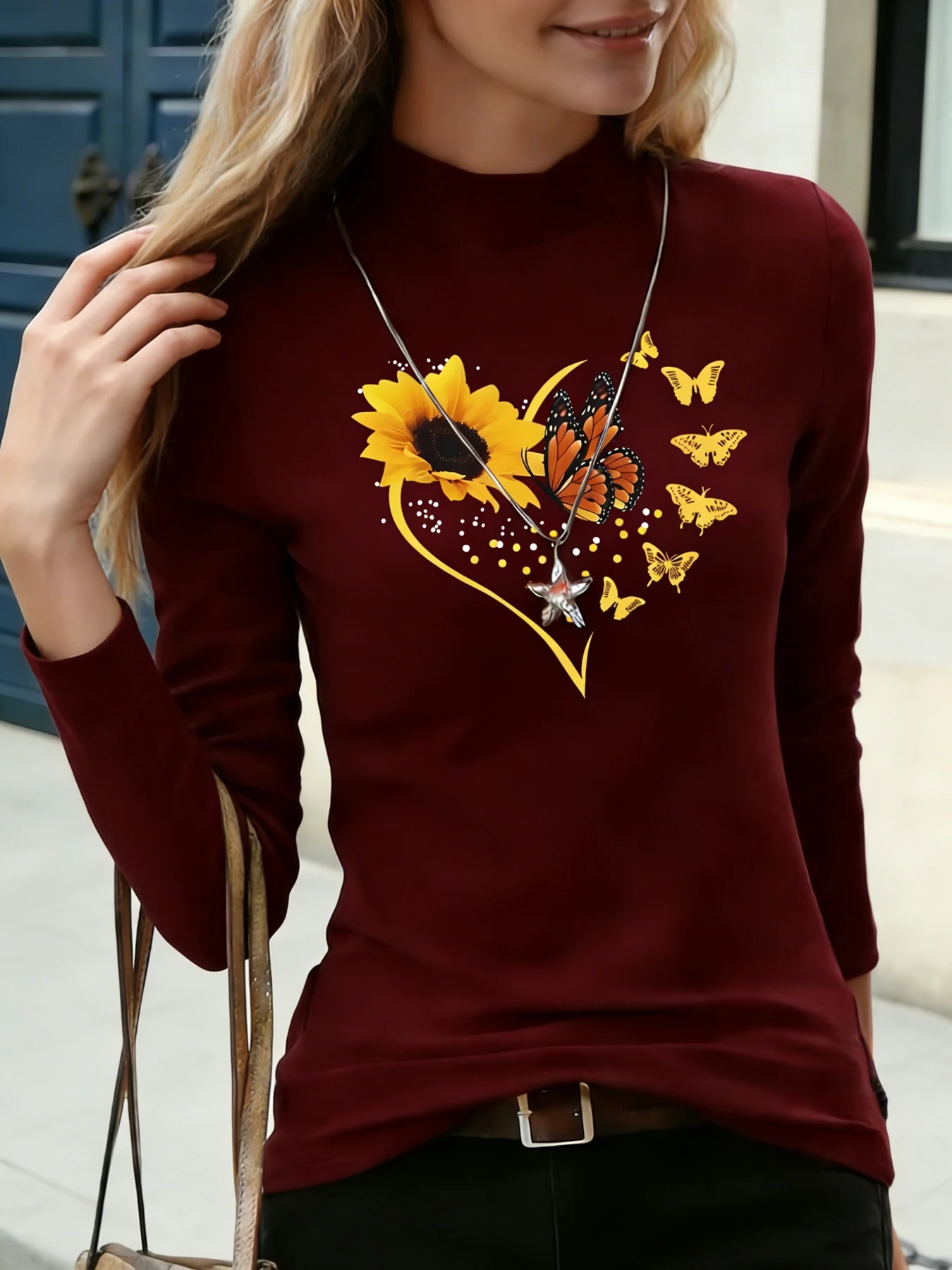 Dames Tops met opstaande hals en lange mouwen Zonnebloem Vlinder Hartprint Casual blouse Basic dagelijks T-shirt Zachte warme top voor dagelijks gebruik