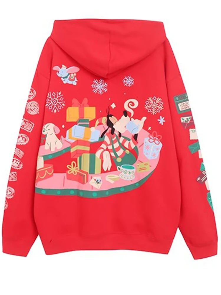 Disney Merry Christmas Castle Mickey Mouse Family Print Sweatshirt Fashion Women Hooded Jumper Tops + Pants Red Streetwear Femme