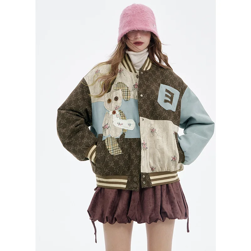 ELFSACK Y2K 캐주얼 디자인 꽃무늬 동물 그래픽 패치워크 코트 여성용