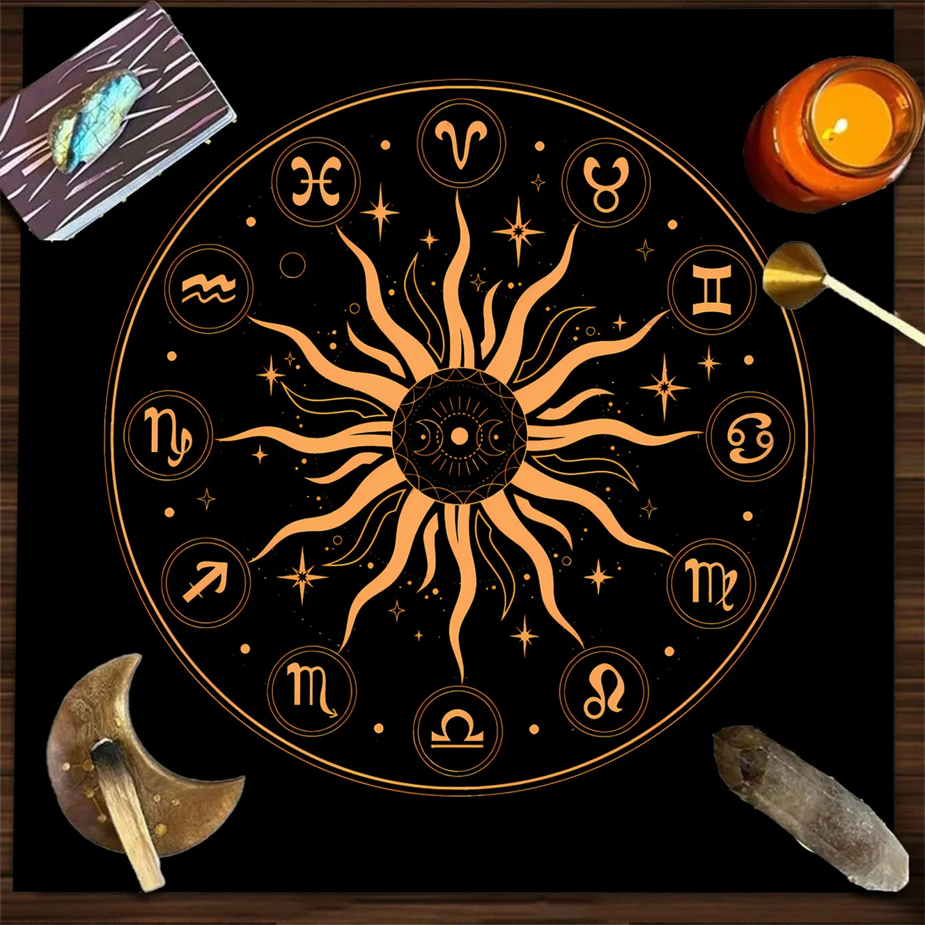 VIKAMA black gold sun flame zodiac wheel tarot card tablecloth astrology divination altar cloth mystical occult decor mat
